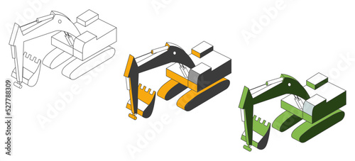 Vector drawing of a construction machine - excavator. A set of excavators of white, yellow, green colors in isometry.