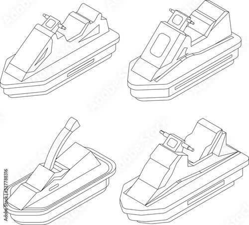 Jet ski icons set. Isometric set of jet ski vector icons outline thin lne isolated on white
