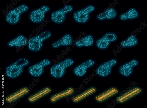 Zipper icons set. Isometric set of zipper vector icons neon color on black