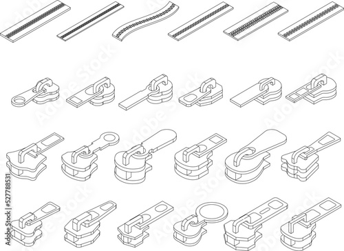 Zipper icons set. Isometric set of zipper vector icons outline thin lne isolated on white photo