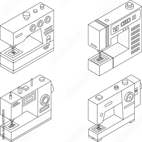 Sew machine icons set. Isometric set of sew machine vector icons outline thin lne isolated on white