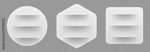 White shelf mockup set, empty shelves template for product display, bookshelf, frame shelf on a wall
