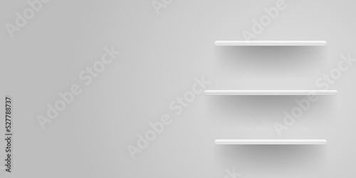 White shelf mockup, empty shelves template for product display, bookshelf, frame shelf on a wall