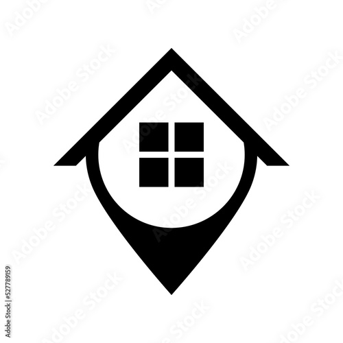 Rural house and location symbol. Icon and logo. Vector isolated illustration on white background. 