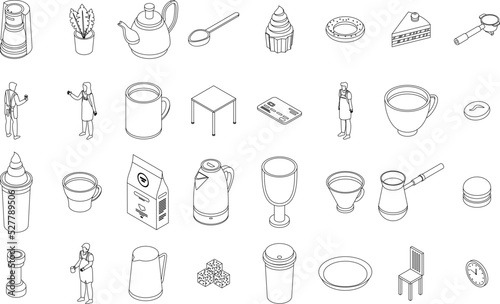 Barista icons set. Isometric set of barista vector icons outline thin lne isolated on white