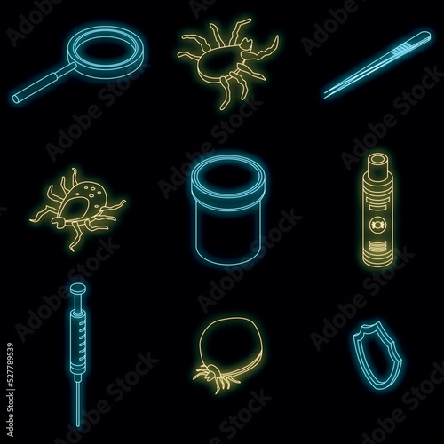 Mite icons set. Isometric set of mite vector icons neon color on black