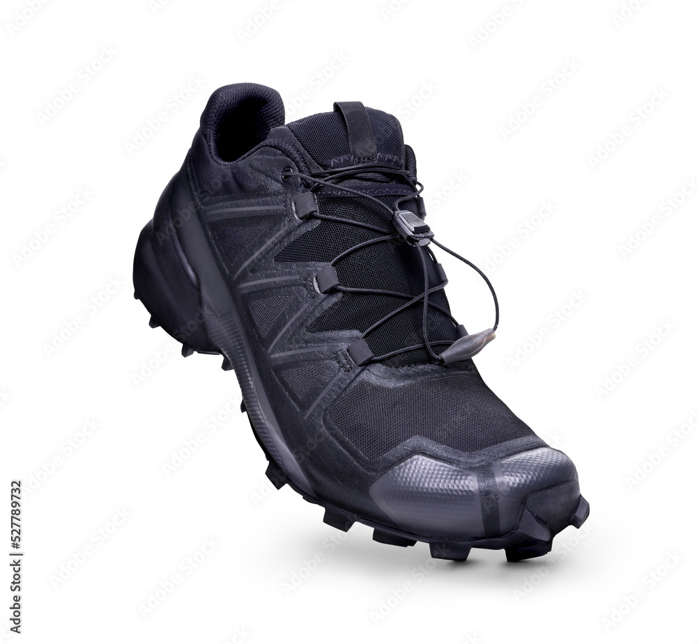 A front view of black trainers, sneakers Isolated on a flat background.