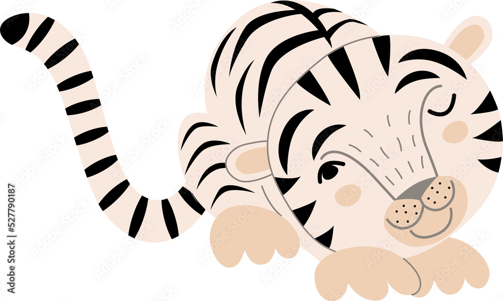 Funny white tiger cub in a cartoon style.