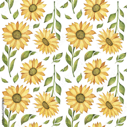 Sunny seamless pattern with sunflowers and foliage, fall watercolor background with rustic flowers photo