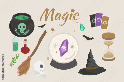 Magic items crystal globe, potion bottle, witch hat, Witch Broom, hourglass, wand, Tarot and cauldron. Elements for computer game, isolated wiz stuff, icons set