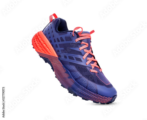 A front view of purple and orange trainers, sneakers Isolated on a flat background.