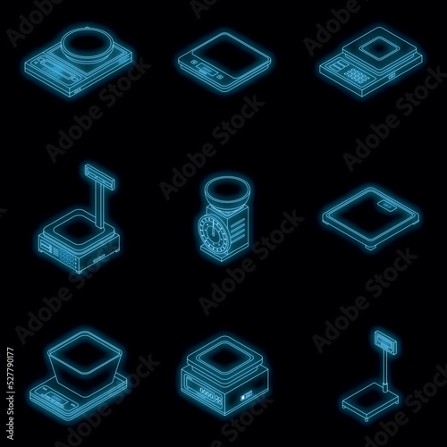 Weigh scales icons set. Isometric set of weigh scales vector icons neon color on black