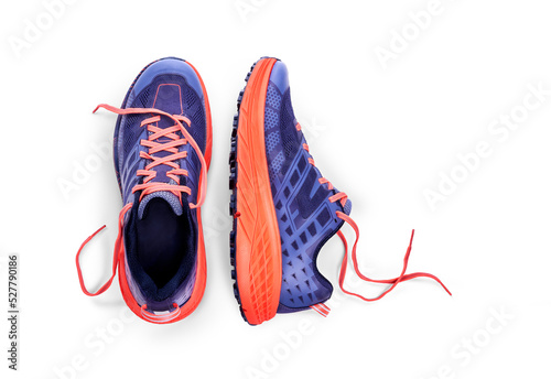 A top view of purple and orange trainers, sneakers Isolated on a flat background.
