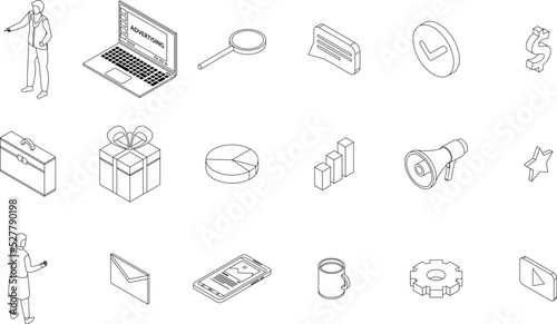 Advertising manager icons set. Isometric set of advertising manager vector icons outline thin lne isolated on white
