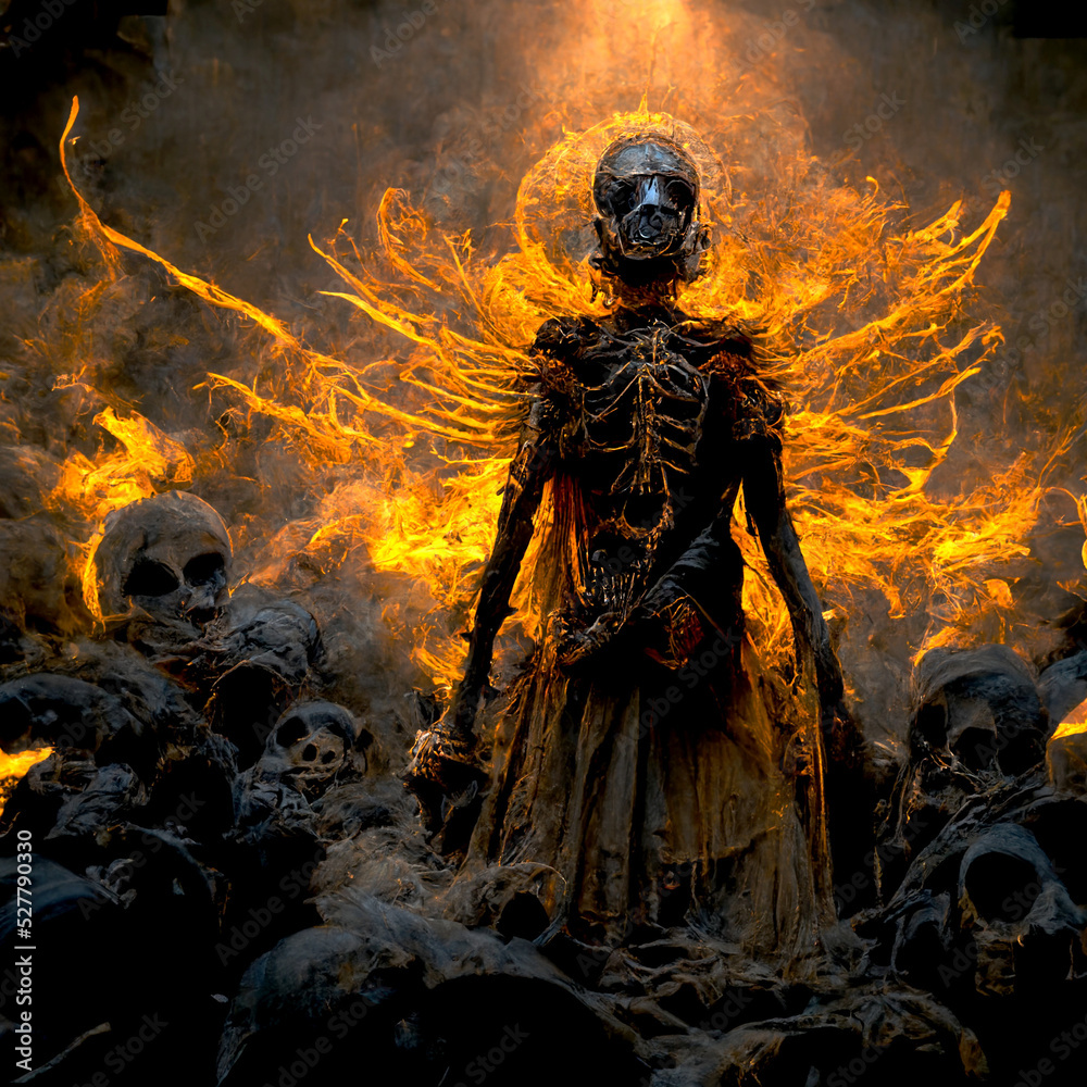 Fototapeta premium Horror concept of a bonfire skeleton wearing a skirt and with some skulls around him.