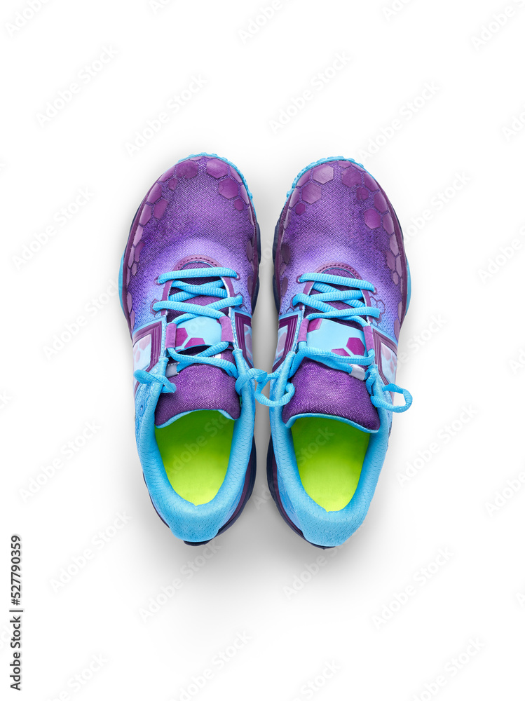 A top view of blue and purple trainers, sneakers Isolated on a flat background.