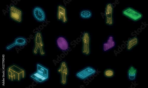 Account manager icons set. Isometric set of account manager vector icons neon color on black