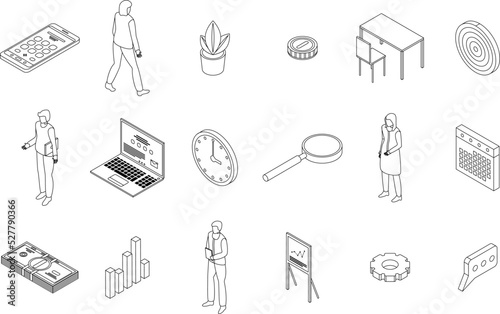 Account manager icons set. Isometric set of account manager vector icons outline thin lne isolated on white