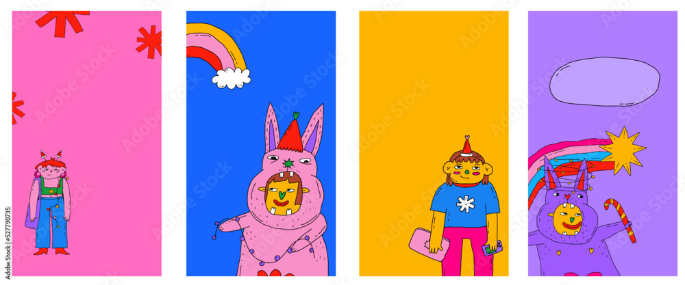 Fototapeta premium set of vertical christmas stories. Christmas templates for social networks. Stars, rainbow, rabbits. Celebration 2023. 1970 psychedelic and hippie nostalgia postcards and posters