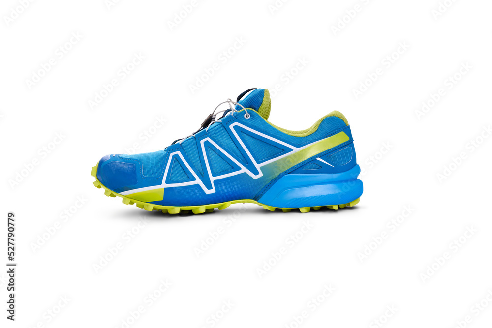 A side view of blue and yellow trainers, sneakers Isolated on a flat background.