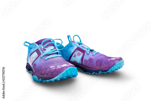 A front view of blue and purple trainers, sneakers Isolated on a flat background.