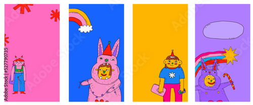 set of vertical christmas stories. Christmas templates for social networks. Stars, rainbow, rabbits. Celebration 2023. 1970 psychedelic and hippie nostalgia postcards and posters