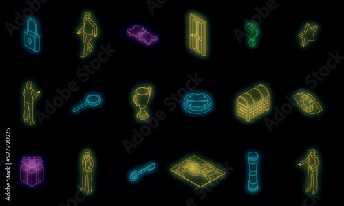 Quest icons set. Isometric set of quest vector icons neon color on black