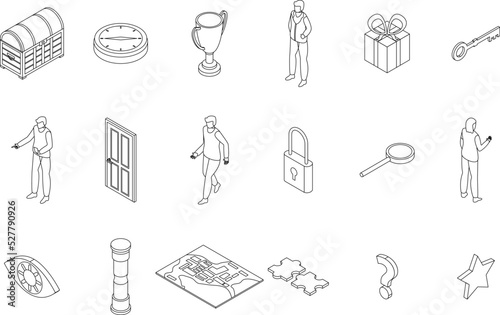 Quest icons set. Isometric set of quest vector icons outline thin lne isolated on white