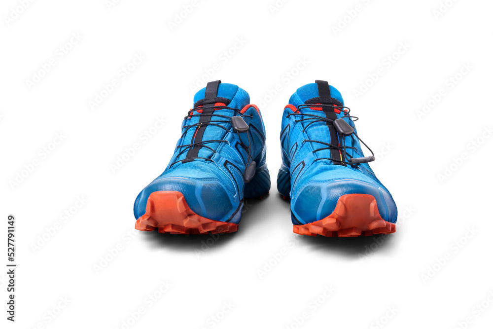 A front view of blue and orange trainers, sneakers Isolated on a flat background.