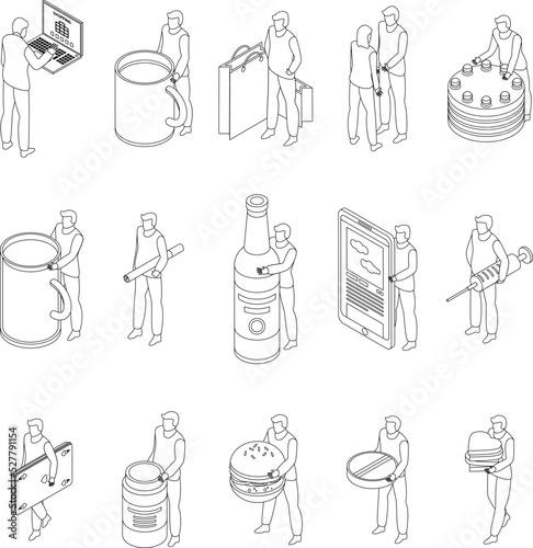 Addiction icons set. Isometric set of addiction vector icons outline thin lne isolated on white
