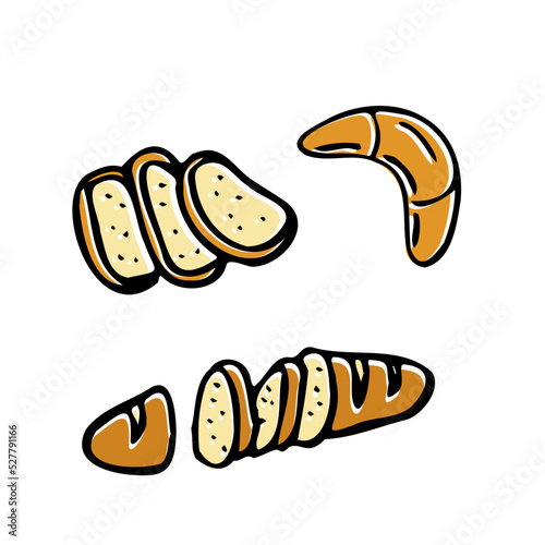Bakery bread, buns, baguette and loaf . Cartoon illustration isolated on white background