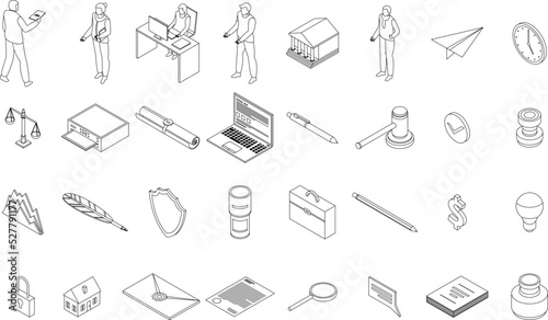 Notary icons set. Isometric set of notary vector icons outline thin lne isolated on white
