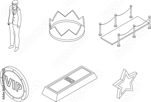 Vip icons set. Isometric set of vip vector icons outline thin lne isolated on white