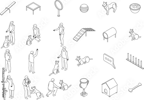 Dog training icons set. Isometric set of dog training vector icons outline thin lne isolated on white