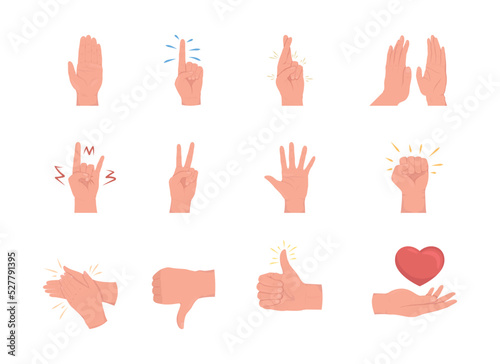 Non verbal communication semi flat color vector hand gesture set. Editable pose. Human body part on white. Cartoon style illustration for web graphic design, animation, sticker pack collection