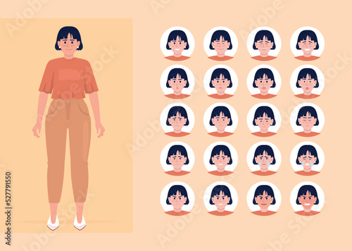 Young woman mental conditions semi flat color character emotions set. Editable facial expressions. Lifestyle and moods vector style illustration for motion graphic design and animation