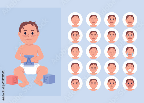 Baby boy changing moods semi flat color character emotions set. Editable facial expressions. Childhood vector style illustration for motion graphic design and animation. Quicksand font used