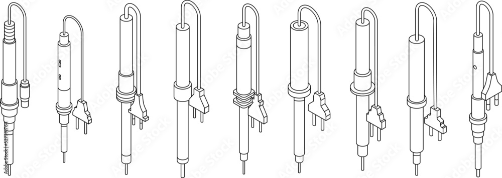 Soldering iron icons set. Isometric set of soldering iron vector icons outline thin lne isolated on white Soldering iron icons set. Isometric set of soldering iron vector icons outline thin lne isolated on white