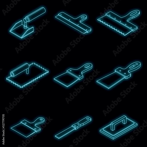 Putty knife icons set. Isometric set of putty knife vector icons neon color on black