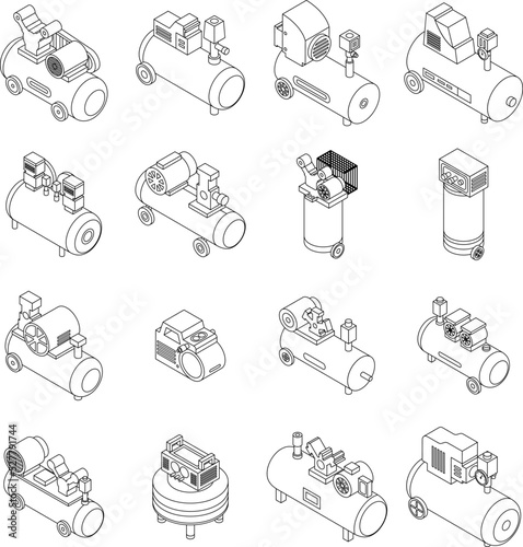 Air compressor icons set. Isometric set of air compressor vector icons outline thin lne isolated on white