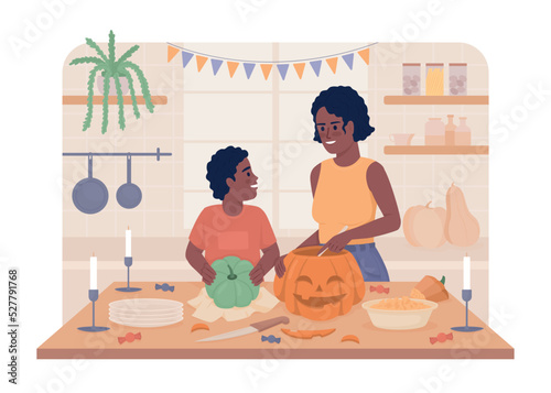 Making pumpkin lantern 2D vector isolated illustration. Mom and son interaction flat characters on cartoon background. Halloween preparation colourful editable scene for mobile, website, presentation