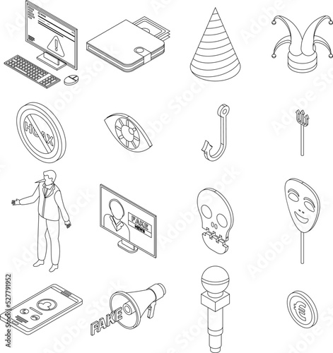 Hoax icons set. Isometric set of hoax vector icons outline thin lne isolated on white