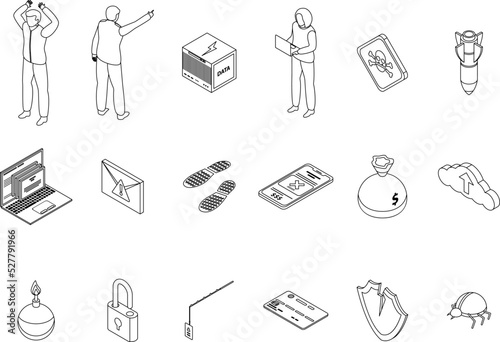 Fraud icons set. Isometric set of fraud vector icons outline thin lne isolated on white