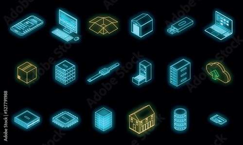 Storage icons set. Isometric set of storage vector icons neon color on black