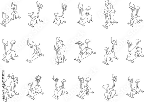 Exercise bike icons set. Isometric set of exercise bike vector icons outline thin lne isolated on white