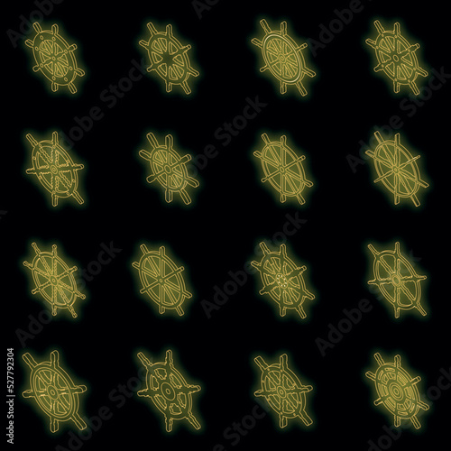 Ship wheel icons set. Isometric set of ship wheel vector icons neon color on black