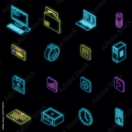 Operating system icons set. Isometric set of operating system vector icons neon color on black