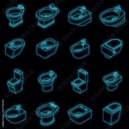 Bidet icons set. Isometric set of bidet vector icons neon color on black