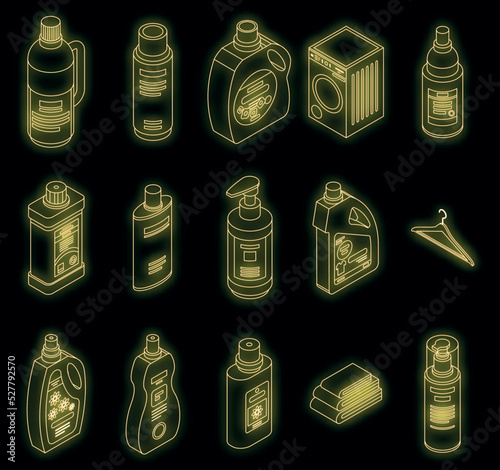 Softener icons set. Isometric set of softener vector icons neon color on black