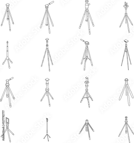 Tripod icons set. Isometric set of tripod vector icons outline thin lne isolated on white